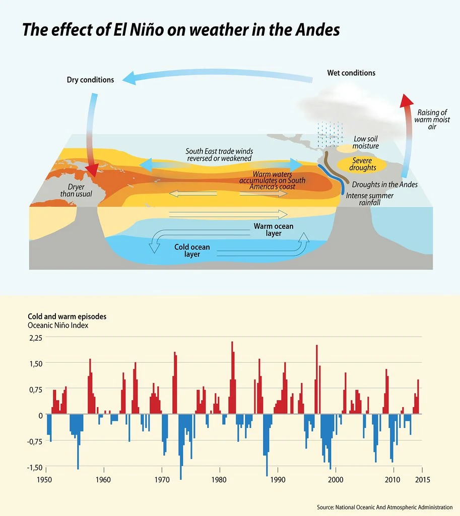  El Niño is caused by the interaction between the atmosphere and the ocean in the tropical Pacific Ocean