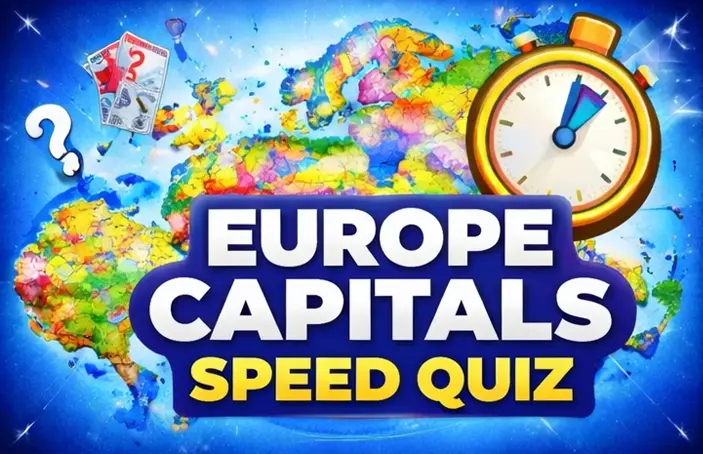 Europe capitals speed quiz game with map, timer and educational challenge design