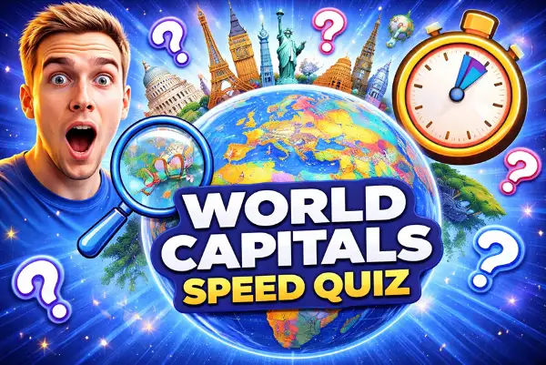 World capitals speed quiz thumbnail with globe, timer and player reaction for a fast geography game