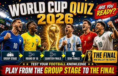 2026 FIFA World Cup Quiz game thumbnail with football stars, trophy race, and final match atmosphere